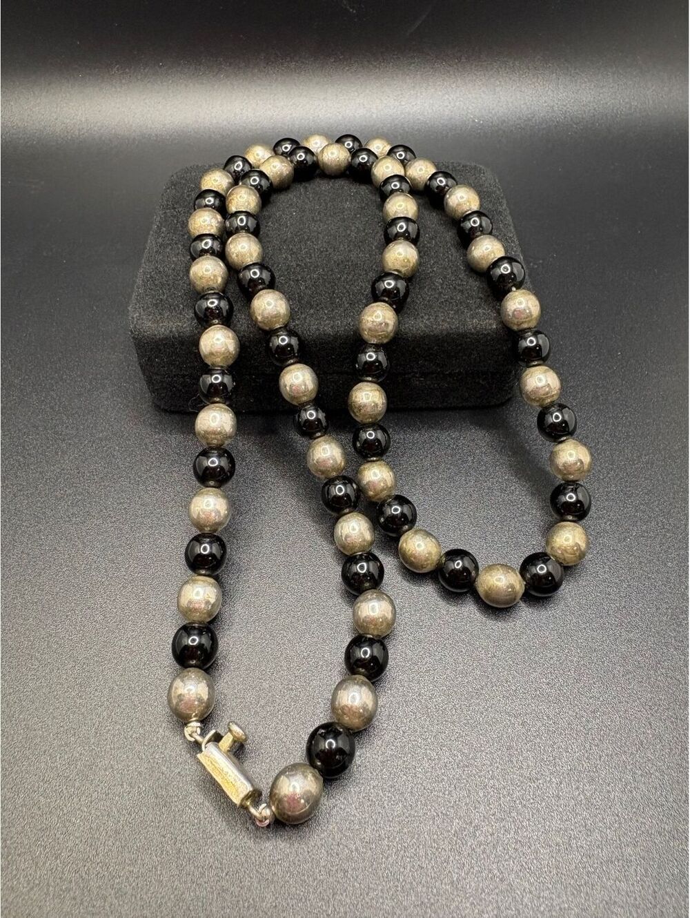Vintage Taxco Mexico 925 Sterling Silver & Black Onyx Bead Necklace- 57g